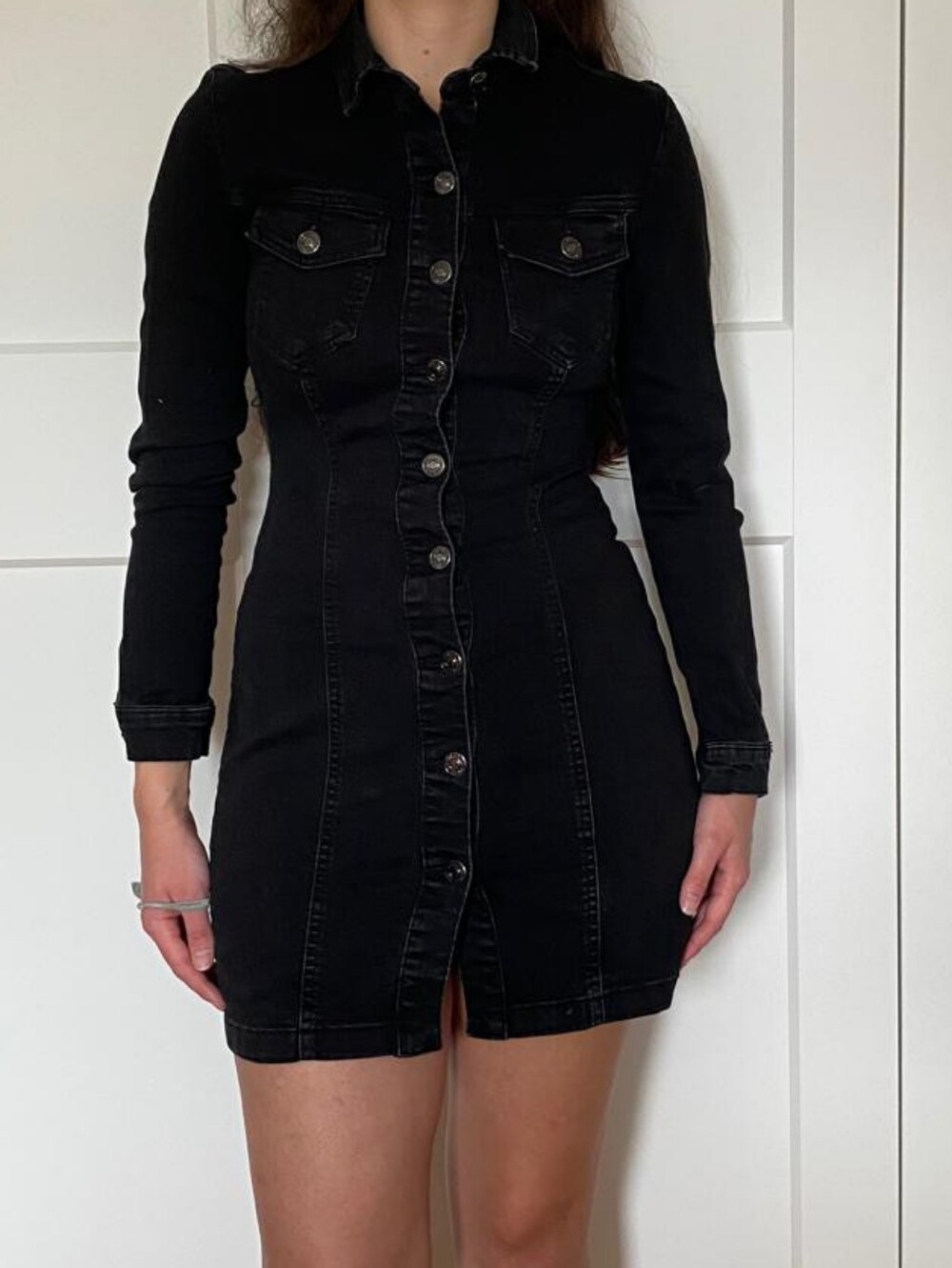 Charcoal Black Long-Sleeve Jean / Denim Bodycon Dress